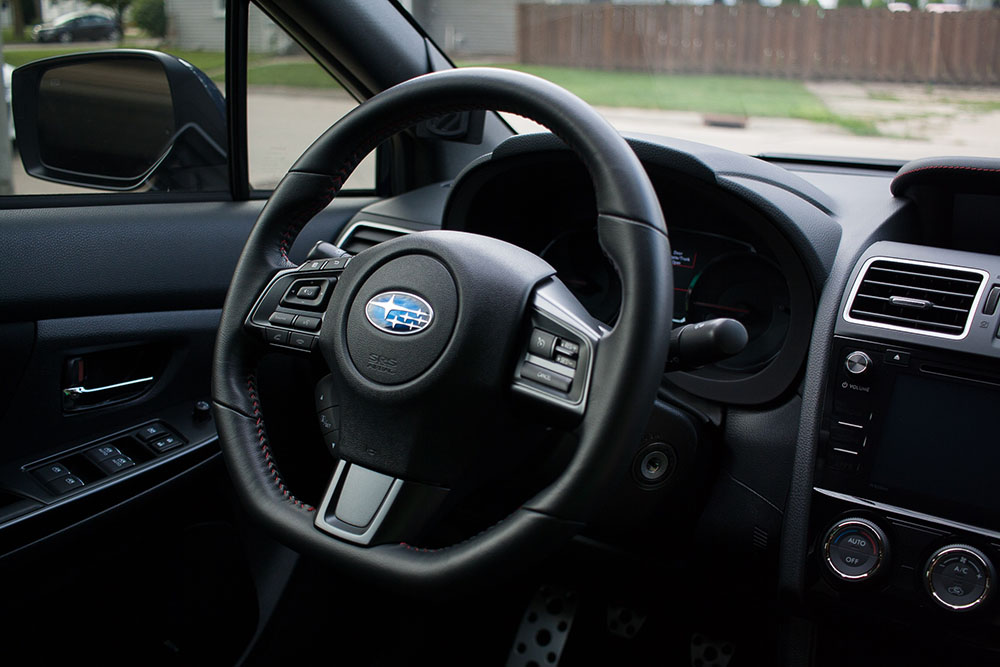 The WRX's functional if somewhat boring interior