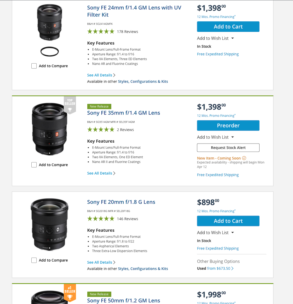 The price of a few Sony lenses on BH.com